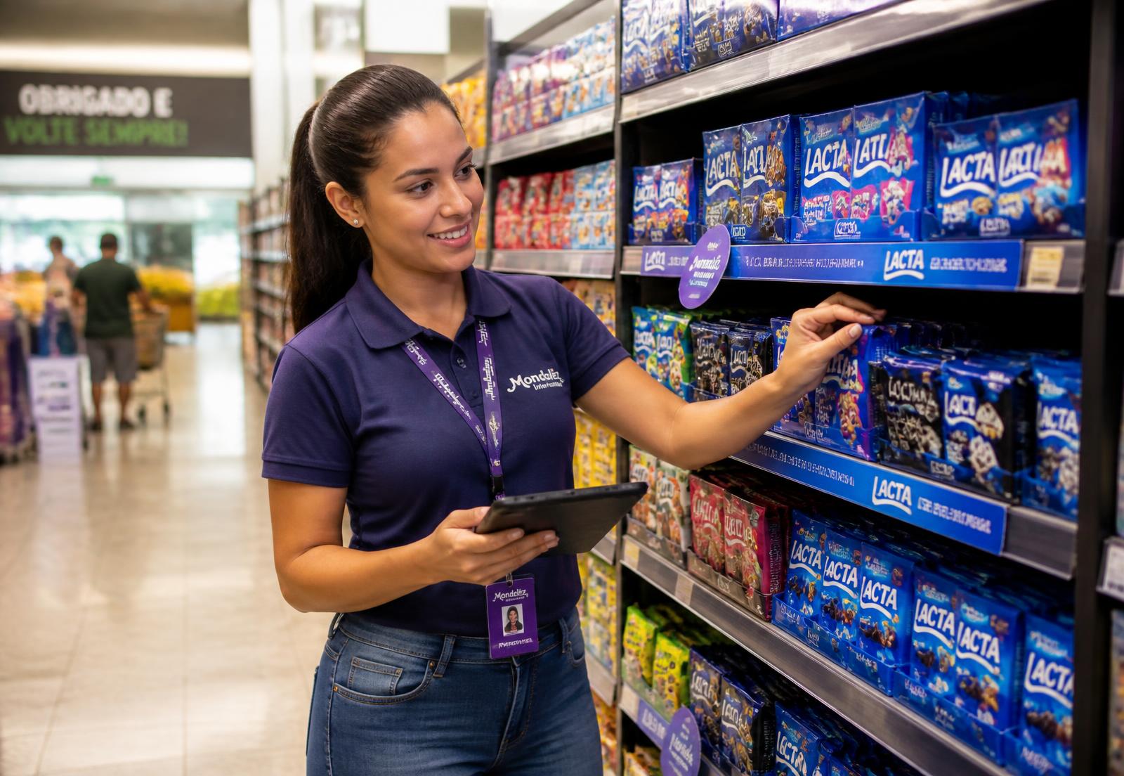 Promotora de vendas organizando produtos em gôndola de supermercado